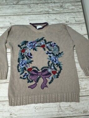 Christopher & Banks Christmas Wreath Hand Embroidered Sweater Women Size Large